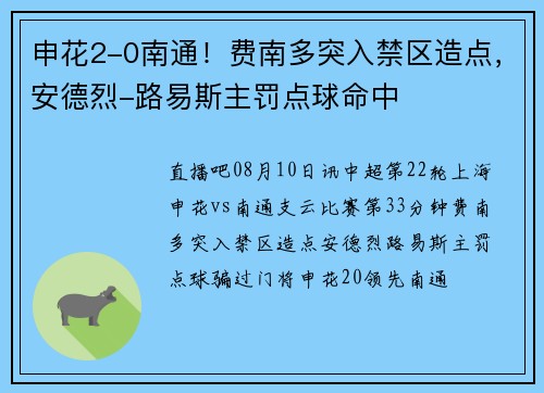 申花2-0南通！费南多突入禁区造点，安德烈-路易斯主罚点球命中