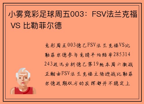 小雾竞彩足球周五003：FSV法兰克福 VS 比勒菲尔德