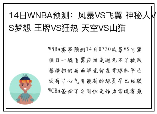 14日WNBA预测：风暴VS飞翼 神秘人VS梦想 王牌VS狂热 天空VS山猫