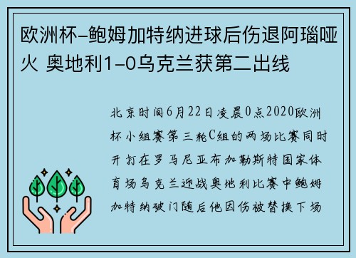 欧洲杯-鲍姆加特纳进球后伤退阿瑙哑火 奥地利1-0乌克兰获第二出线